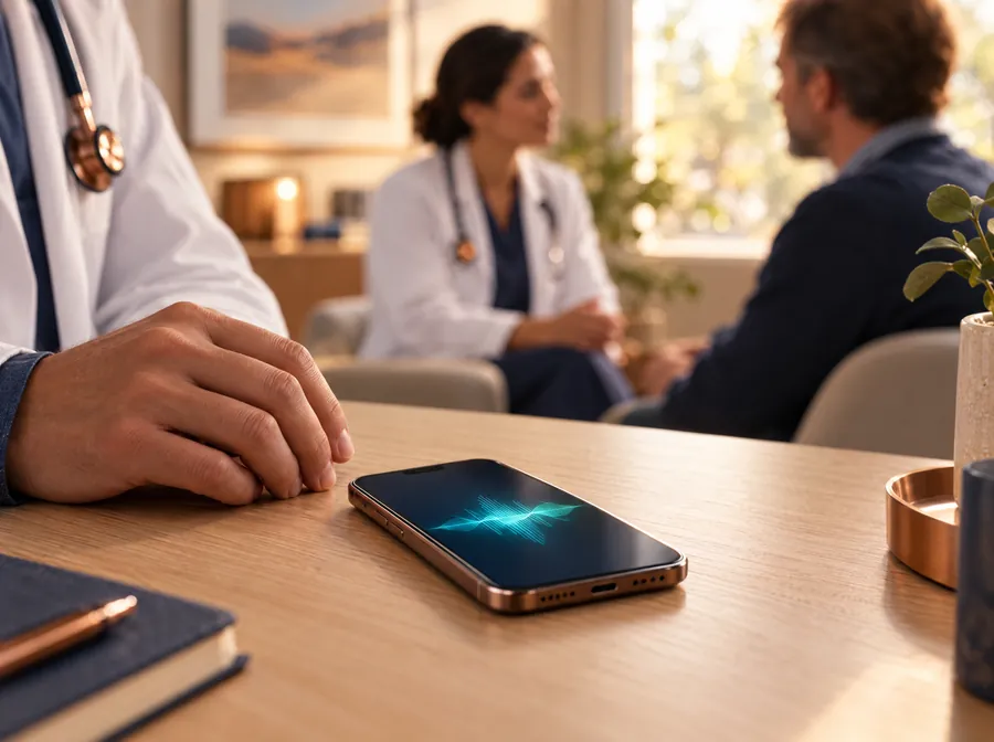 Celular gravando a consulta sobre a mesa enquanto médica conversa com paciente