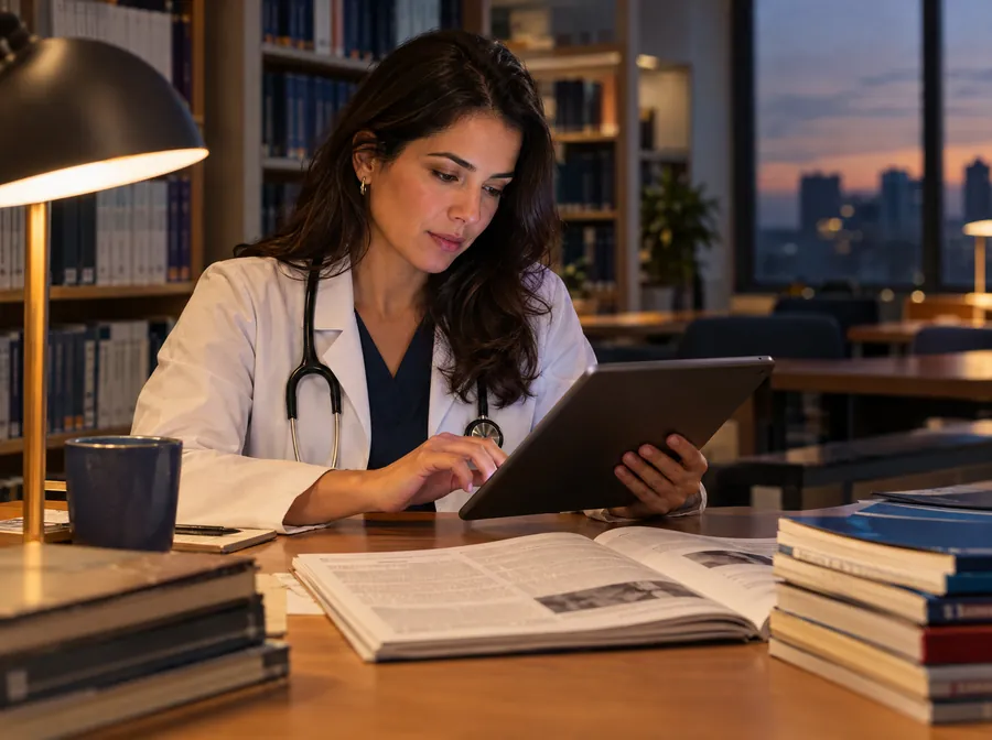 Médica pesquisadora lê artigos científicos no tablet em biblioteca