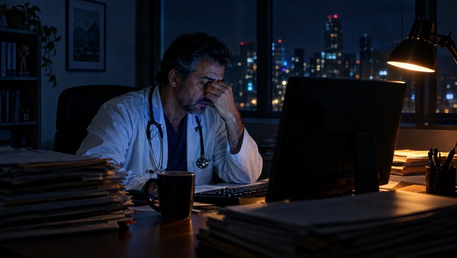 Médico cansado no consultório à noite, diante de prontuários pendentes