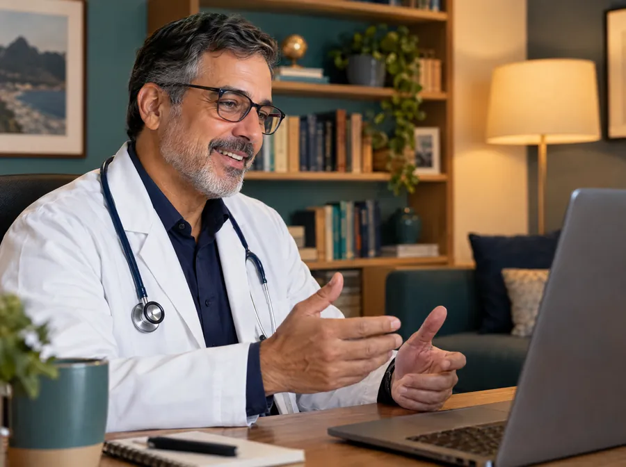 Médico conduz teleconsulta sorrindo diante do notebook
